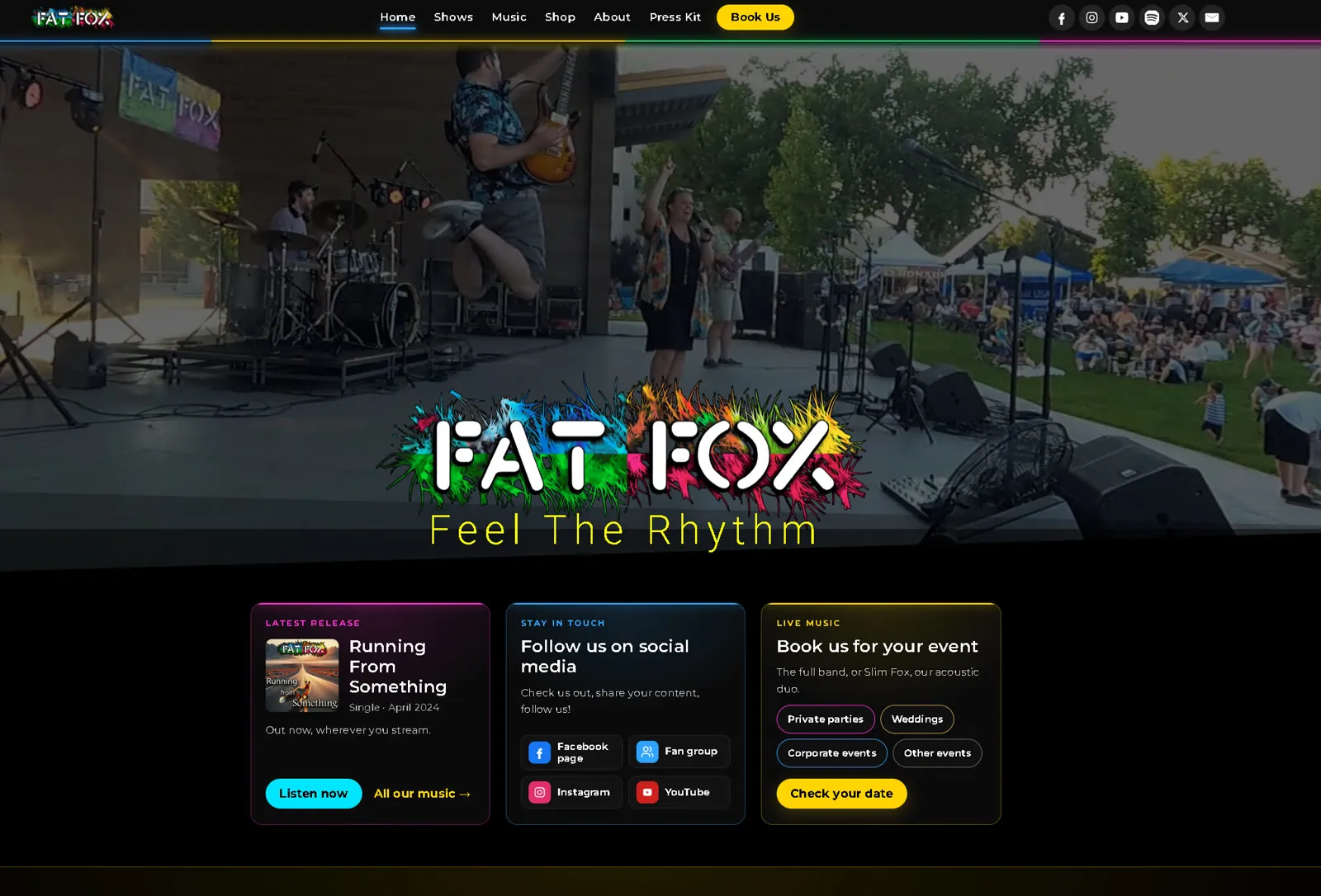The home page of our new website, with the Fat Fox logo over a shot of Tommy jumping mid-song on an outdoor stage